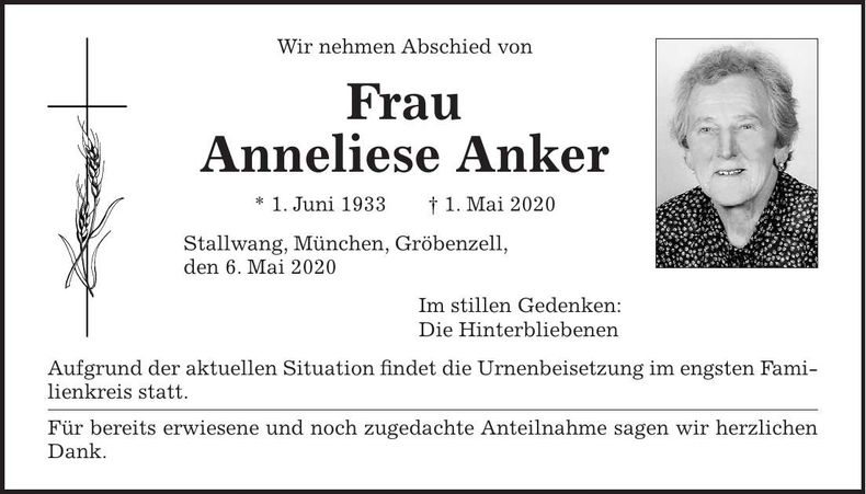 Traueranzeige Anneliese Anker