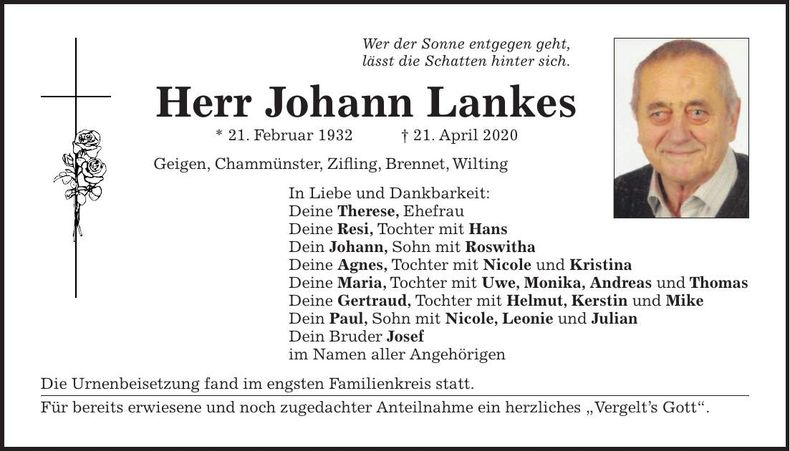 Traueranzeige Johann Lankes