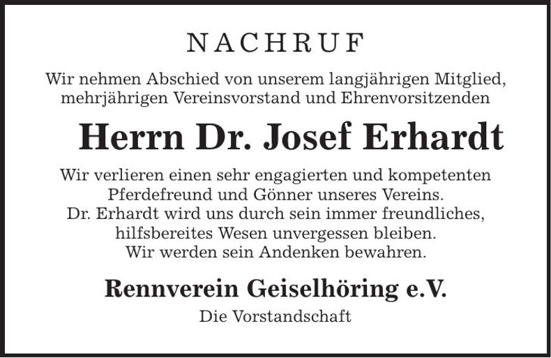 Traueranzeige Josef Erhardt