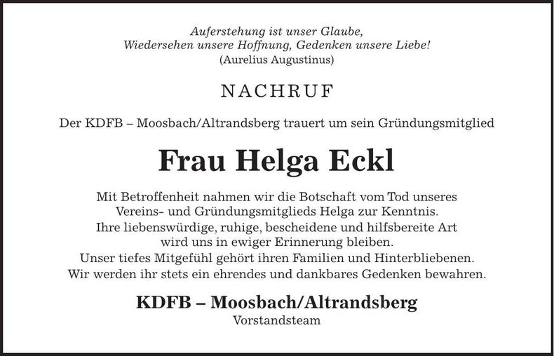 Traueranzeige Helga Eckl