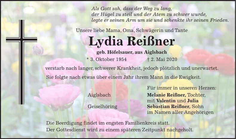 Traueranzeige Lydia Reißner