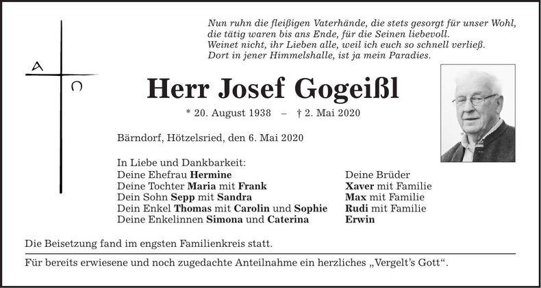 Traueranzeige Josef Gogeißl