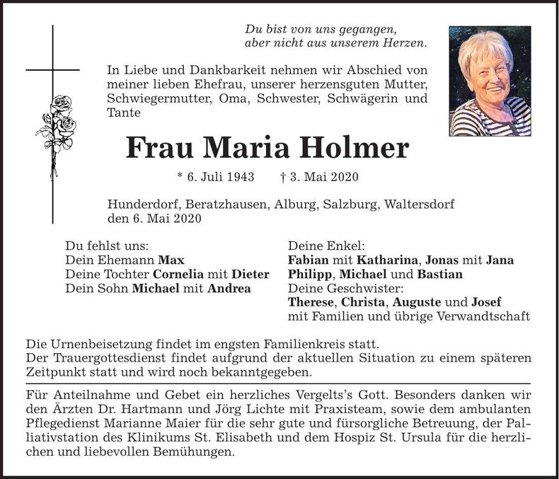 Traueranzeige Christa Holmer