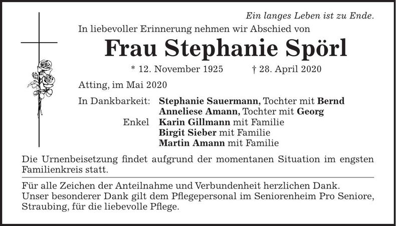 Traueranzeige Stephanie Spörl