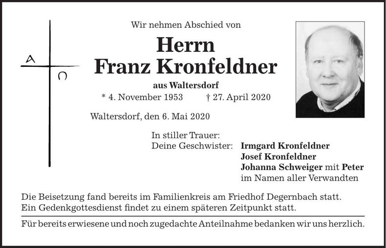 Traueranzeige Franz Kronfeldner