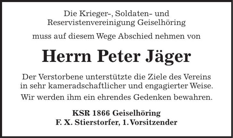 Traueranzeige Peter Jäger