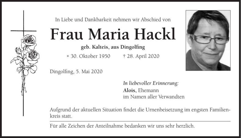 Traueranzeige Maria Hackl