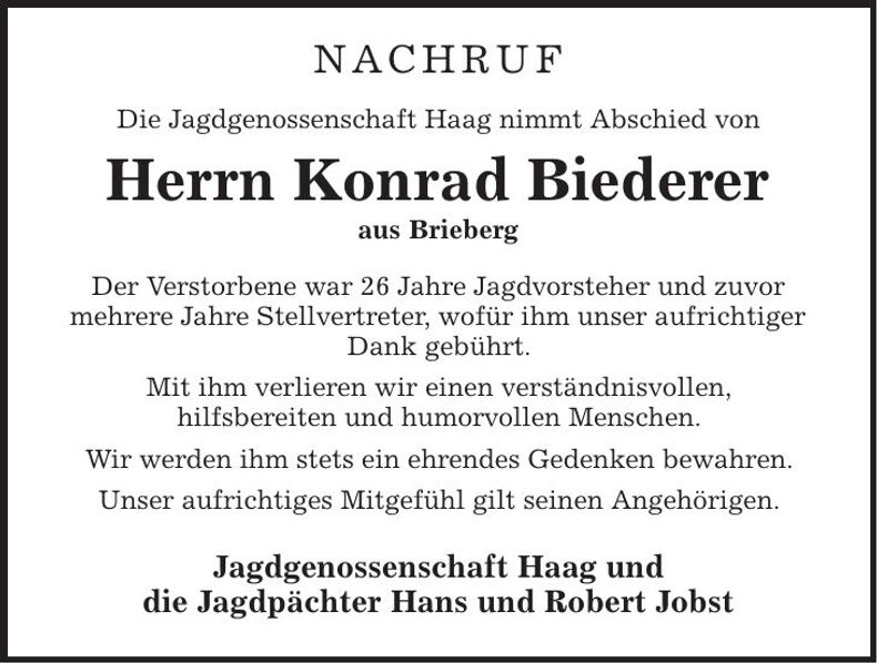 Traueranzeige Konrad Biederer