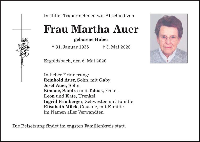 Traueranzeige Martha Auer