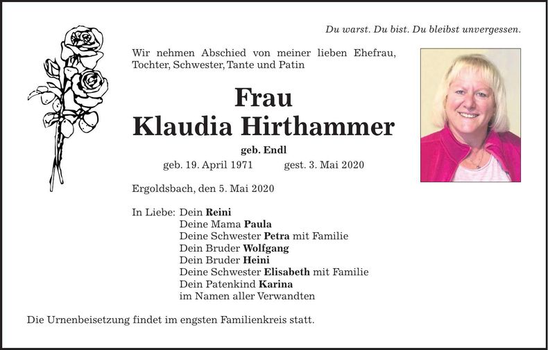 Traueranzeige Klaudia Hirthammer