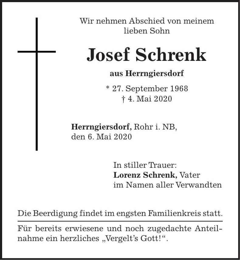 Traueranzeige Josef Schrenk