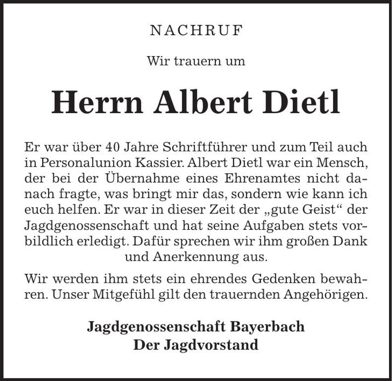 Traueranzeige Albert Dietl