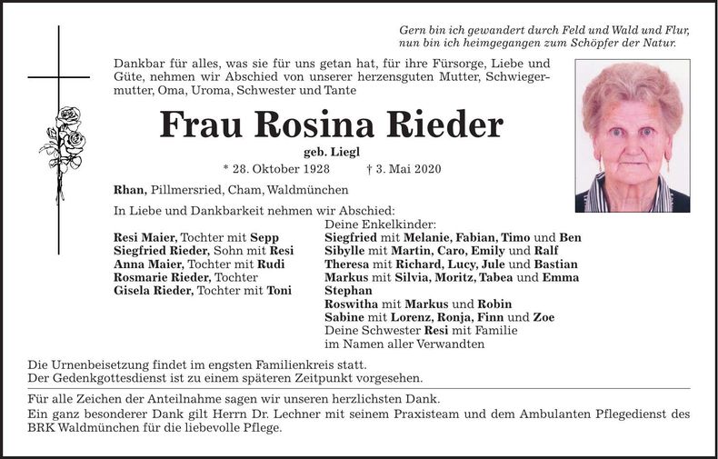 Traueranzeige Rosina Rieder