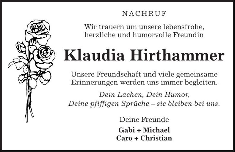 Traueranzeige Klaudia Hirthammer