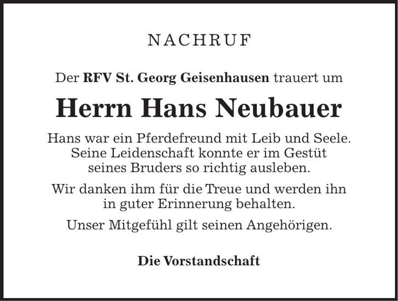 Traueranzeige Hans Neubauer
