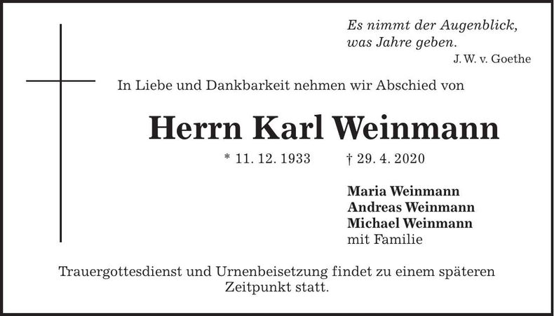 Traueranzeige Karl Weinmann