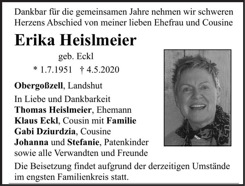 Traueranzeige Erika Heislmeier