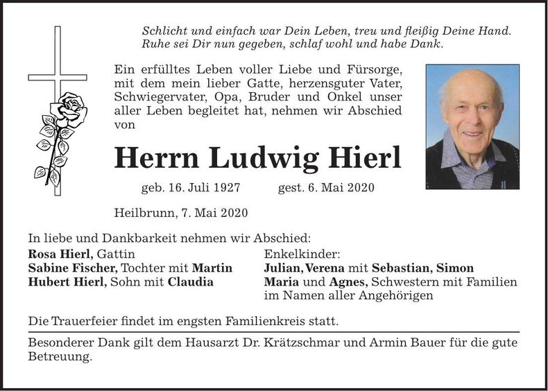 Traueranzeige Ludwig Hierl