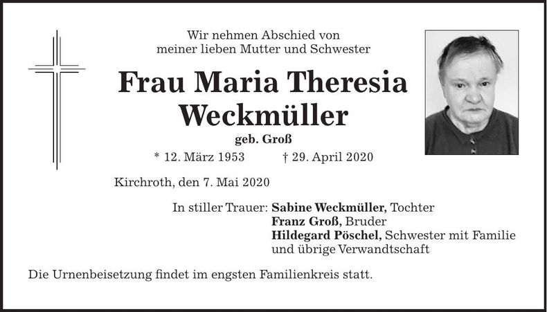 Traueranzeige Maria Weckmüller