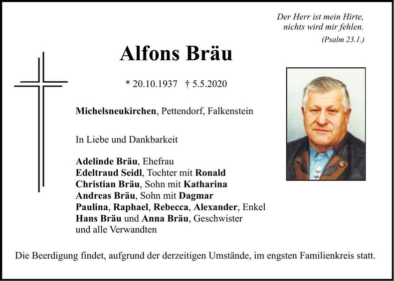 Traueranzeige Alfons Bräu