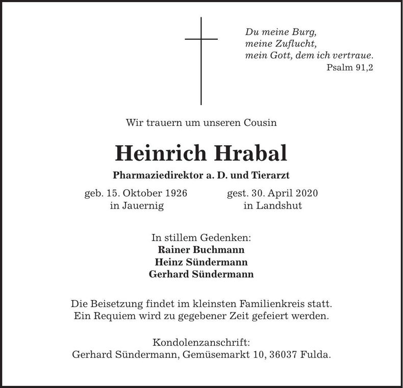 Traueranzeige Heinrich Hrabal