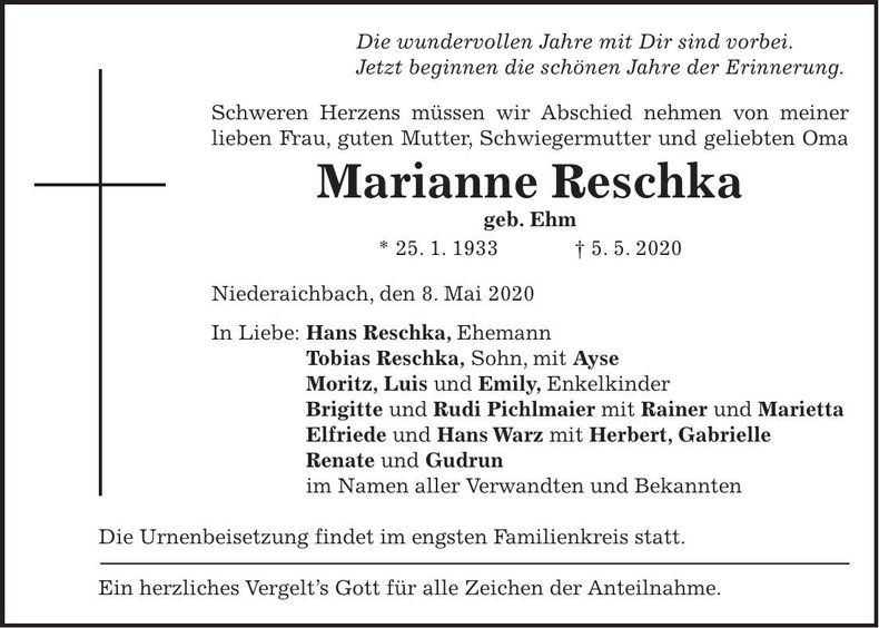 Traueranzeige Marianne Reschka