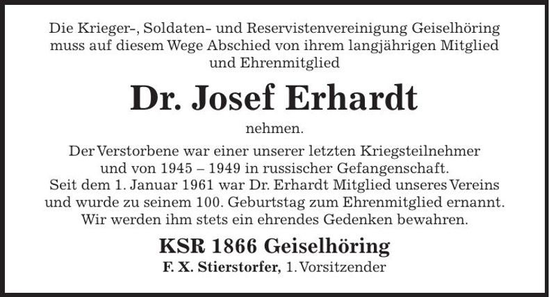 Traueranzeige Josef Erhardt