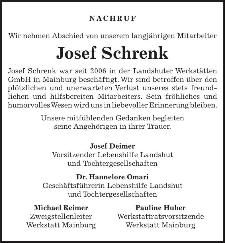 Traueranzeige Schrenk Josef
