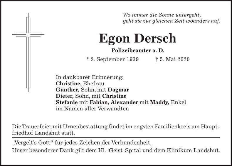 Traueranzeige Egon Dersch