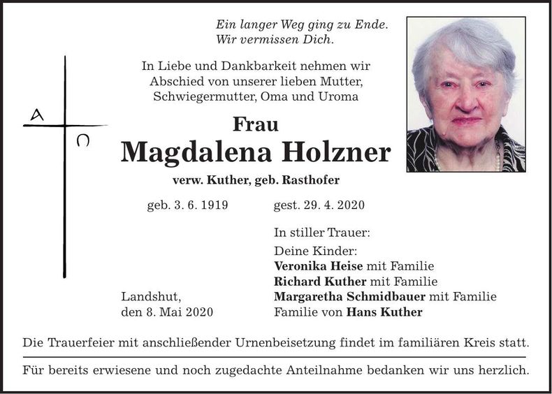 Traueranzeige Magdalena Holzner