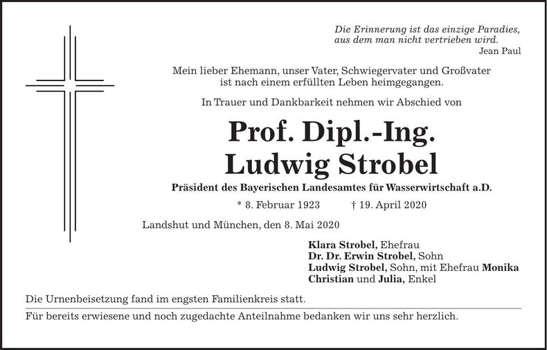 Traueranzeige Ludwig Strobel