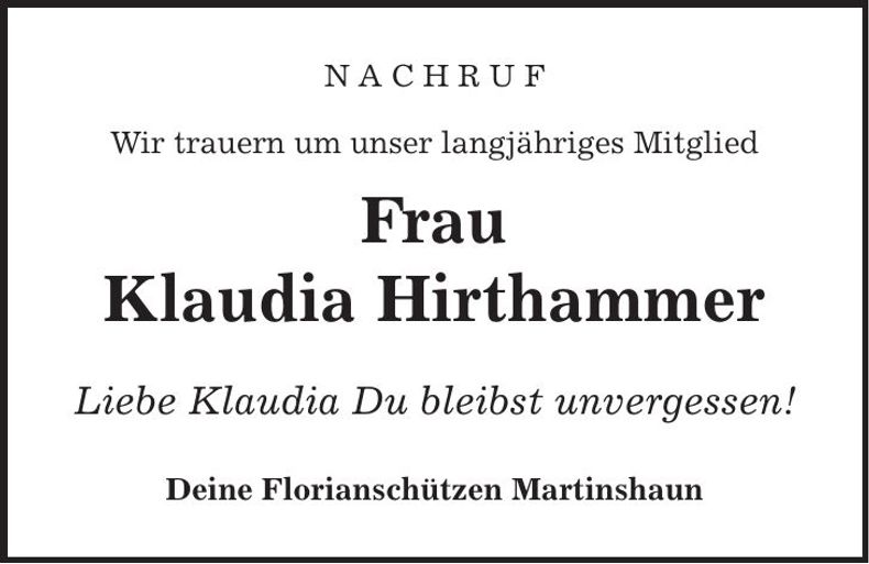 Traueranzeige Klaudia Hirthammer