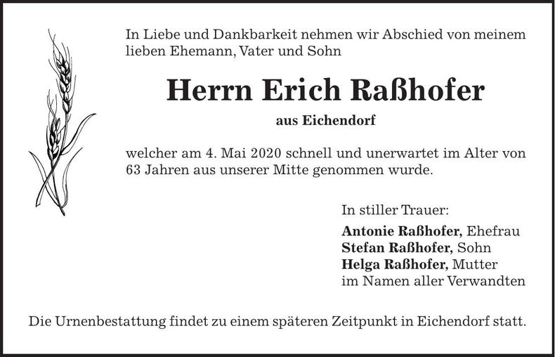 Traueranzeige Erich Raßhofer