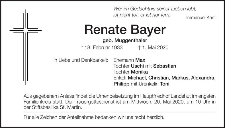 Traueranzeige Renate Bayer
