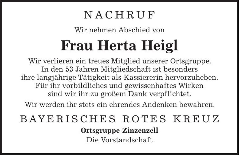 Traueranzeige Herta Heigl