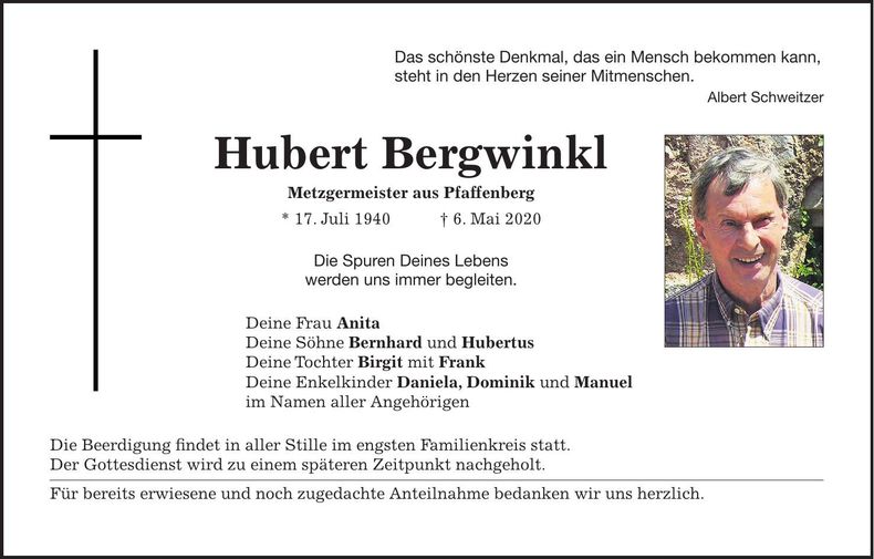 Traueranzeige Hubert Bergwinkl