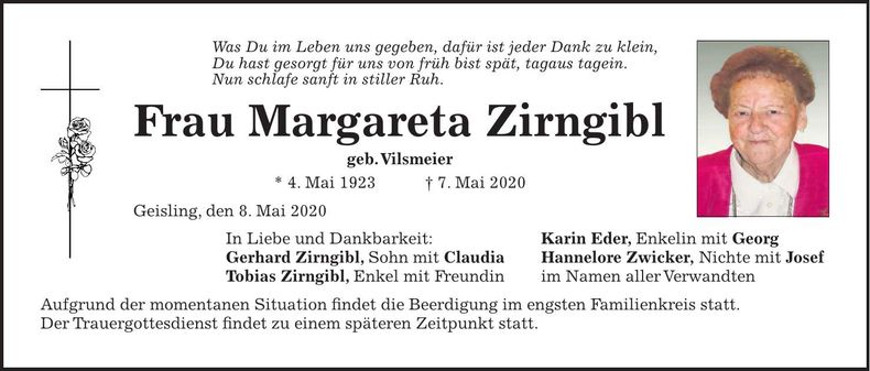 Traueranzeige Margareta Zirngibl