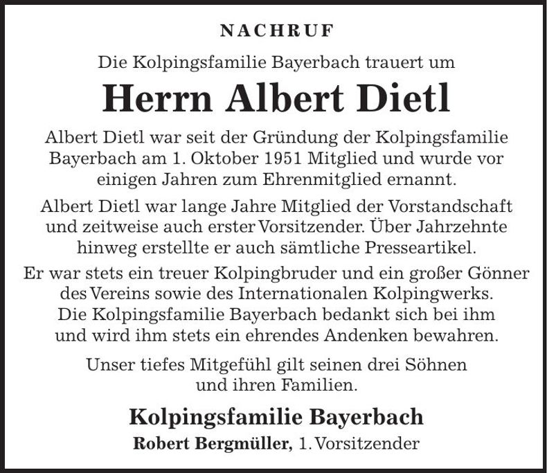 Traueranzeige Albert Dietl