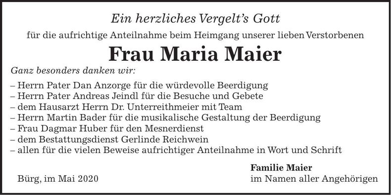Traueranzeige Maria Maier