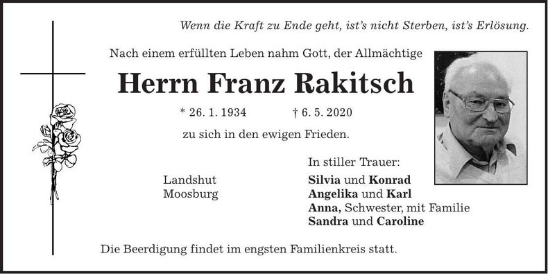 Traueranzeige Franz Rakitsch