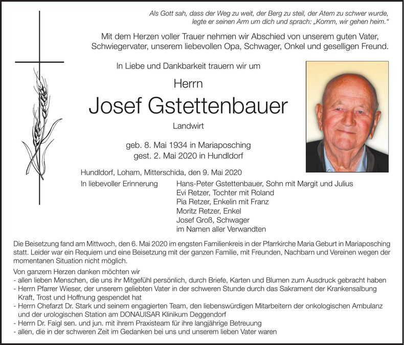 Traueranzeige Josef Gsettenbauer