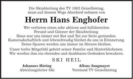 Traueranzeige Hans Enghofer