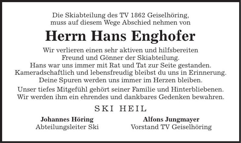Traueranzeige Hans Enghofer