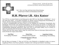 Traueranzeige Alex H.H Pfarrer i.R. Kutzer