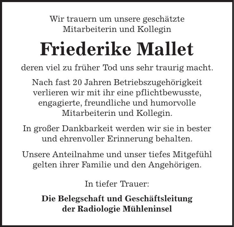 Traueranzeige Friederike Mallet
