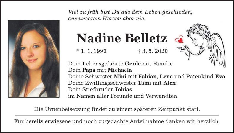 Traueranzeige Nadine Belletz