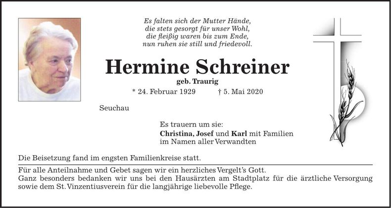 Traueranzeige Hermine Schreiner