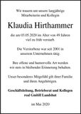 Traueranzeige Klaudia Hirthammer