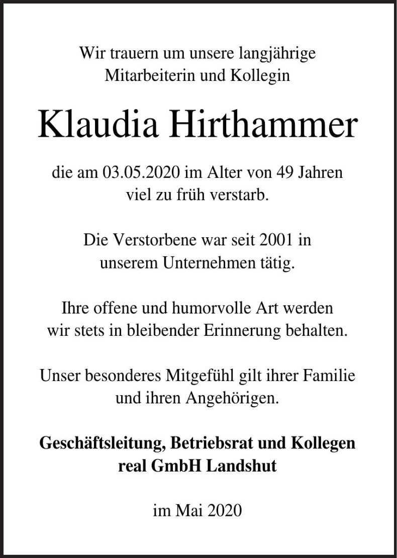 Traueranzeige Klaudia Hirthammer