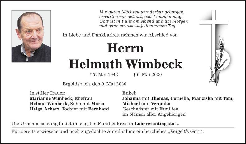 Traueranzeige Helmuth Wimbeck
